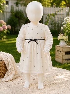 Carter's Cream Long-Sleeve Formal Dress with Black Waist Bow